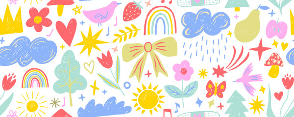 Cute crayon drawn seamless pattern with kid doodles. Cute kid simple doodle art.