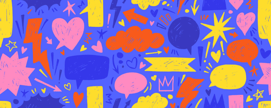 Naklejki Crayon drawn playful funky speech bubbles seamless pattern. Doodle pencil scribbles, cute elements, text balloons.