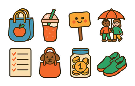 Weekend Errands Icons. Flat vector mini-illustrations Weekend errands with friends in colors children's
