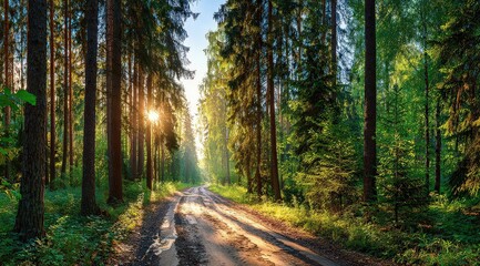 Fototapeta premium Forest Path With Sunlight Through Trees