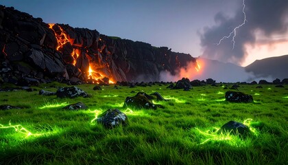 Volcanic Landscape with Glowing Grass and Lightning