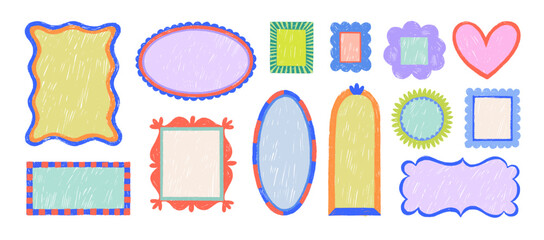 Colorful funky vintage frames with crayon drawn texture. Hand drawn decorative whimsical borders.
