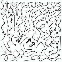 Hand-Drawn Doodle Arrow Set Vector Illustration on Grid Paper Background for Navigation, Pointers, Infographics, and Design Elements.