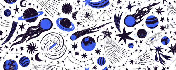 Hand drawn cosmic and starry seamless pattern. Crayon drawn stars, comets and planets.