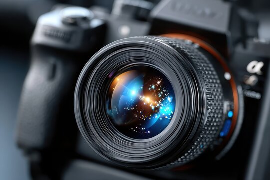 Camera lens captures vibrant light reflections and colors in close-up of photography gear - Powered by Adobe