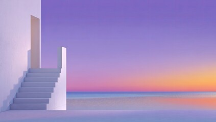 Minimalist steps leading to a door, bathed in pastel sunset hues over the sea