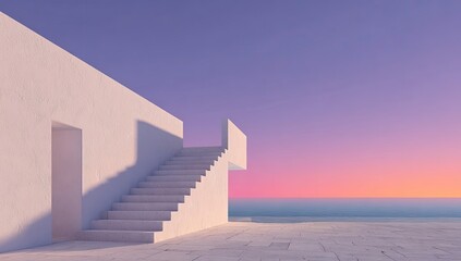 Minimalist white building with stairs overlooking a pastel sunset ocean
