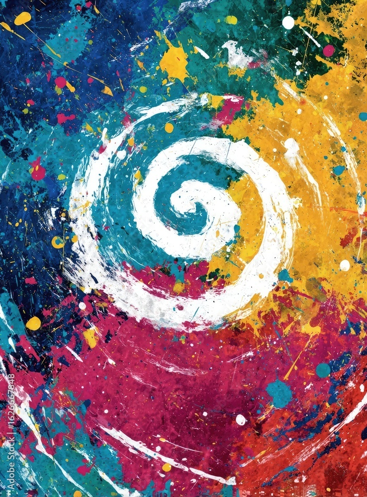 Poster abstract swirl design with vibrant color splashes. a central spiral shape is highlighted against a b