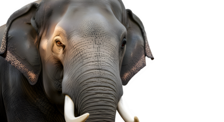 A majestic close-up portrait of a powerful Asian elephant with tusks, isolated on a clean white background. A symbol of wildlife strength.