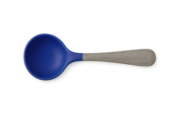 Blue spoon with wooden handle lying horizontally on a transparent background, ideal for food and cooking themed projects