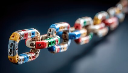 Colorful interlocking chain links, shallow depth of field