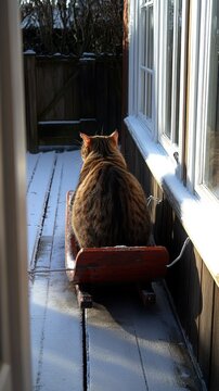 A fluffy tabby cat sits contently on a small sled outside in a snowy backyard