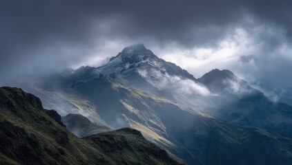 Obraz premium Majestic mountain peak piercing a moody sky