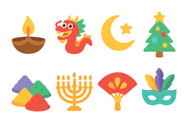Global Festivals Icons. Flat vector mini-illustrations Celebrating Global Festivals in colors children's