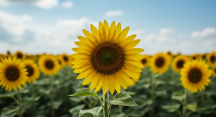 Fototapeta premium A vibrant yellow sunflower in focus against a blurred field on a sunny day