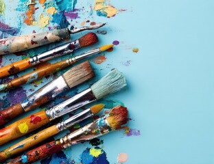 Obraz premium Used paintbrushes arranged on a light-blue surface, splattered with colorful paint