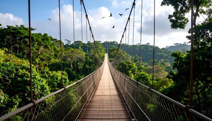 Obraz premium Walking on a Suspension Bridge Through Lush Green Forest Canopy