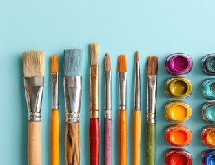 Fototapeta premium Colorful art supplies arranged on a light blue background. A row of paintbrushes in various sizes and colors, alongside small containers of vibrant acrylic paints
