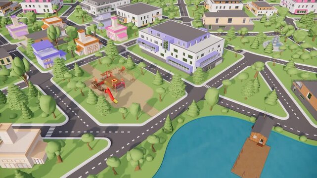 3D CGI animation of a colorful, flat-style low-poly village in Sim City in 4K video game