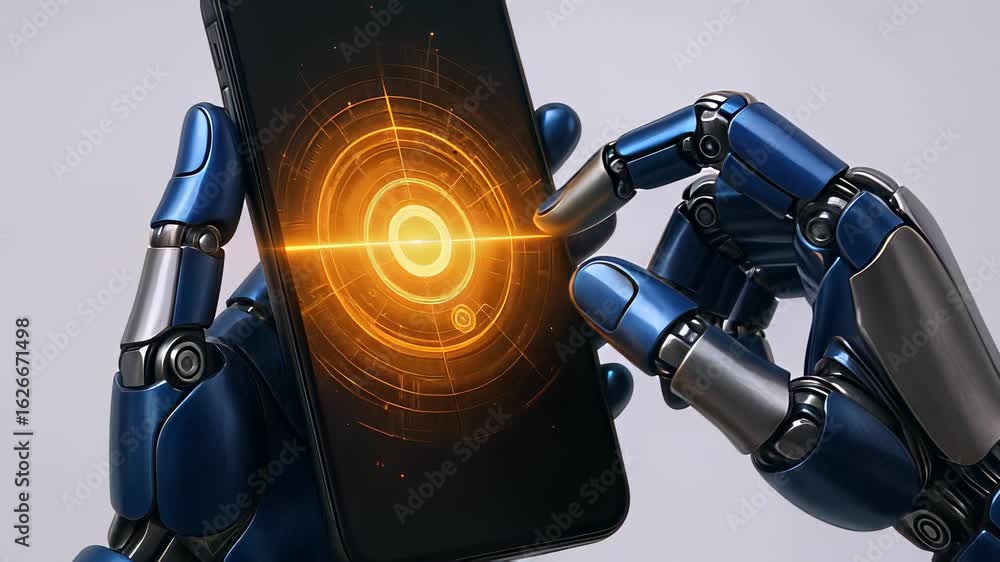 Poster robotic hand interacts with smartphone touchscreen technology in closeup demonstration of precision 