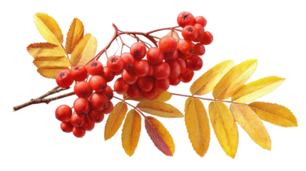 Branch of Mountain Ash with Red Berries and Yellowing Leaves on Transparent Background

