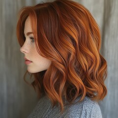 Naklejka premium Young woman showcases her vibrant auburn hair and natural beauty with a serene expression