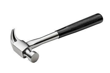 A claw hammer, angled, showing metal head & black handle