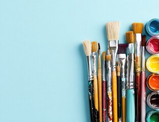 Fototapeta premium Assorted paintbrushes and tubes of vibrant color paint on a light-blue background