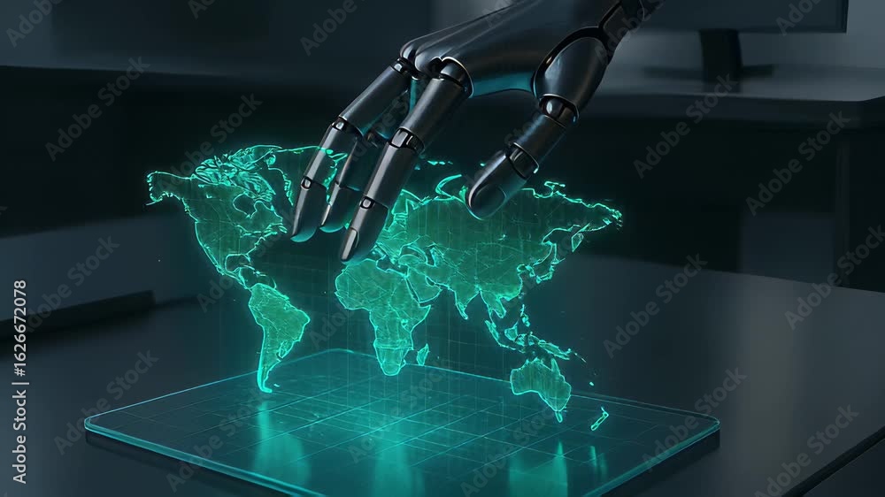 Aufkleber robotic hand interacts with holographic world map in advanced technology display