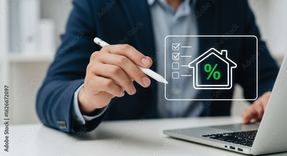 Poster a person in a business suit sits at a desk with a laptop and uses a stylus to interact with a digita