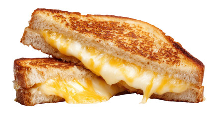 Classic grilled cheese sandwich cut in half with gooey melted cheese on transparent background