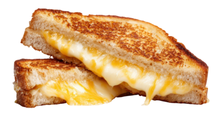 Classic grilled cheese sandwich cut in half with gooey melted cheese on transparent background