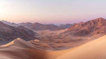 Naklejka premium 1. Desert sand dunes under soft twilight sky with gentle wind lines, showing smooth golden dunes with delicate ripples shaped by soft evening breeze under pastel purple and orange horizon
