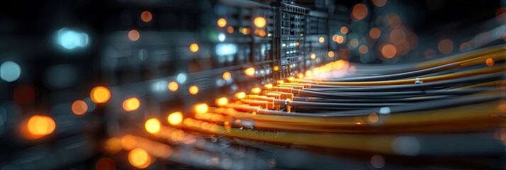 Network cables, server rack, glowing lights