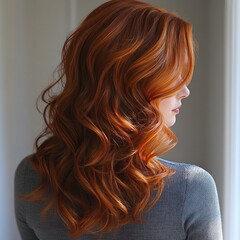 Obraz premium Striking golden red hair flows elegantly over shoulders, illuminated by morning sunlight