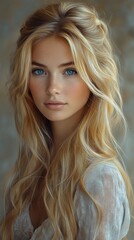Naklejka premium A young woman with flowing blonde hair smiles softly, illuminated by gentle lighting