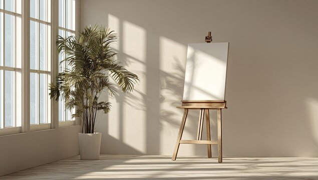 Empty canvas on easel, sunlit room
