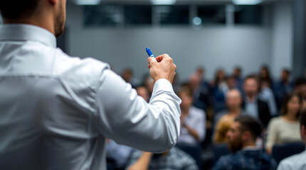 Lecture and training in business office for white collar colleagues. Focus on hands of speaker. professional male presenter in a white shirt, holding a blue marker in his hand