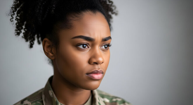 Portrait of a young African American female soldier showing serious concern thoughtful expression looking away pensive mood military uniform