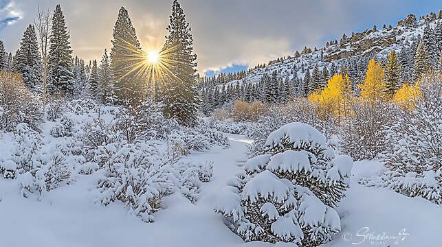 138. Serene snowy forest with tall pine trees and soft sunlight filtering through branches - Powered by Adobe