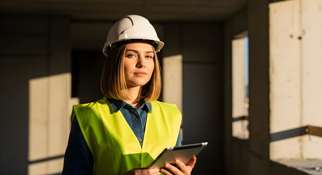 Female architect construction site engineer tablet building project planning woman professional hardhat safety vest