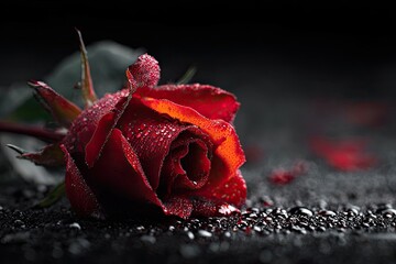 Close-up of a single red rose with dew drops