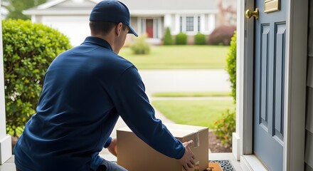 Delivery person placing a cardboard box on a doorstep, ready to deliver to a residential home.