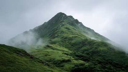 Misty mountain peak, lush green slopes