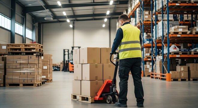 Warehouse worker using a pallet jack to move boxes. - Powered by Adobe