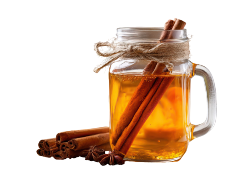 Mason Jar Filled with Apple Cider and Cinnamon Sticks on Transparent Background

