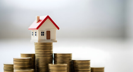 Real Estate Investment Home Purchase Property Finance Mortgage Savings Coins Stacked House Model Dream Home Affordable Housing Financial Success