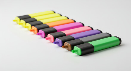 Colorful highlighters arranged neatly on a white background