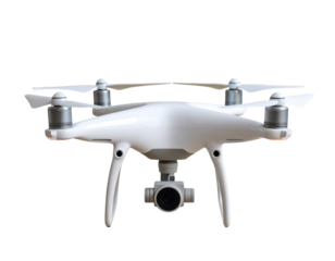 “Modern Camera Drone Hovering Mid-Air, Front View, Isolated on Transparent Background”.