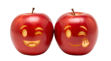 Two Red Apples Displaying Carved Expressions, Representing Joy and Playfulness on Transparent Background